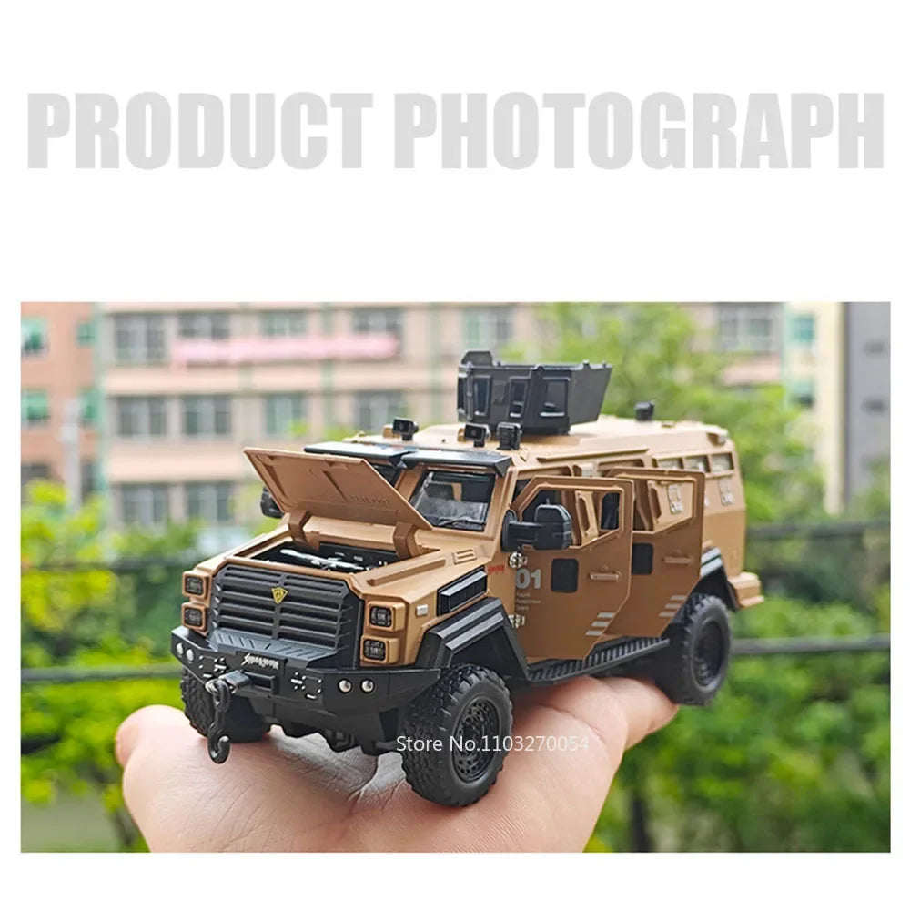 1:32 Alloy Sabertooth Armored Model Toys Diecast Metal Car Pull Back Police Car with Light Music Vehicle for Toddler Kids Gifts