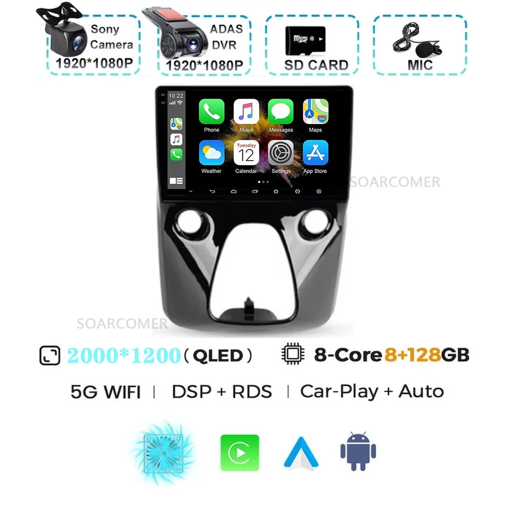Android 15 For Peugeot 108 Toyota Aygo B40 2013-2021 Citroen C1 2K QLED Android Car Radio Multimedia Video Player GPS 4G stereo