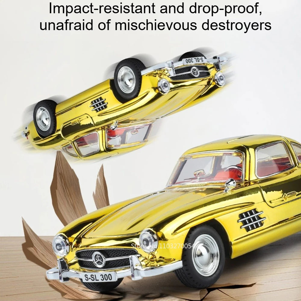 1:24 300SL 500K Alloy Vintage Car Diecast Toy Model Shock Absorption Door Opened Sound Light Pull Back Miniature Models Boy Gift