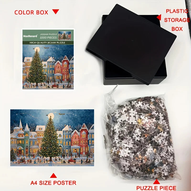 1000pcs Christmas Puzzle - Winter Street Scene with Giant Christmas Tree,15x10 Inch Family Activity Adult Hobbyists