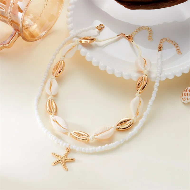 Double Layered Starfish Shell Rice Bead Necklace Women Trendy Summer Beach Sexy Choker Neck Chain Jewelry Vacation Accessories