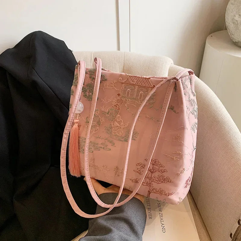 New Chinese Style Retro Bag 2026 New Models Silk Jacquard Fashionable Minimalist Bag Single Shoulder Diagonal Cross Women's Bag