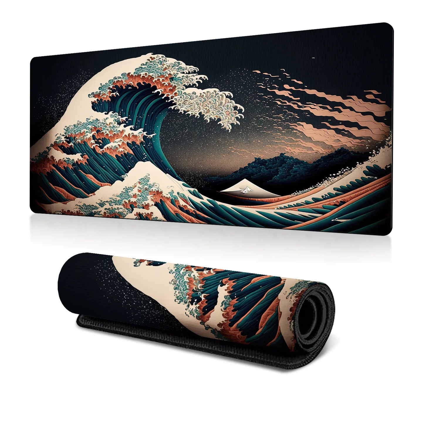 Japanese Sea Wave Large Mouse Pad, Anime Black Gaming, Extended Mat Desk Pad, 3mm Thick Long Non-Slip Rubber Base Mice Pad