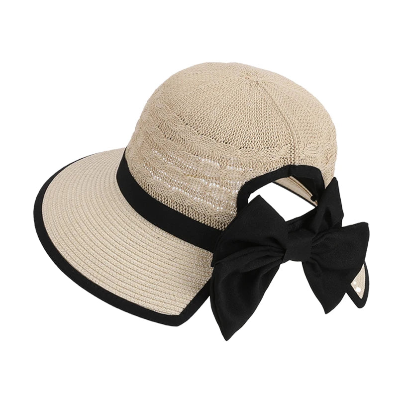 8484Summer hat girls' versatile bow-tied ponytail hole large eaves straw hat, outdoor outing sun hat