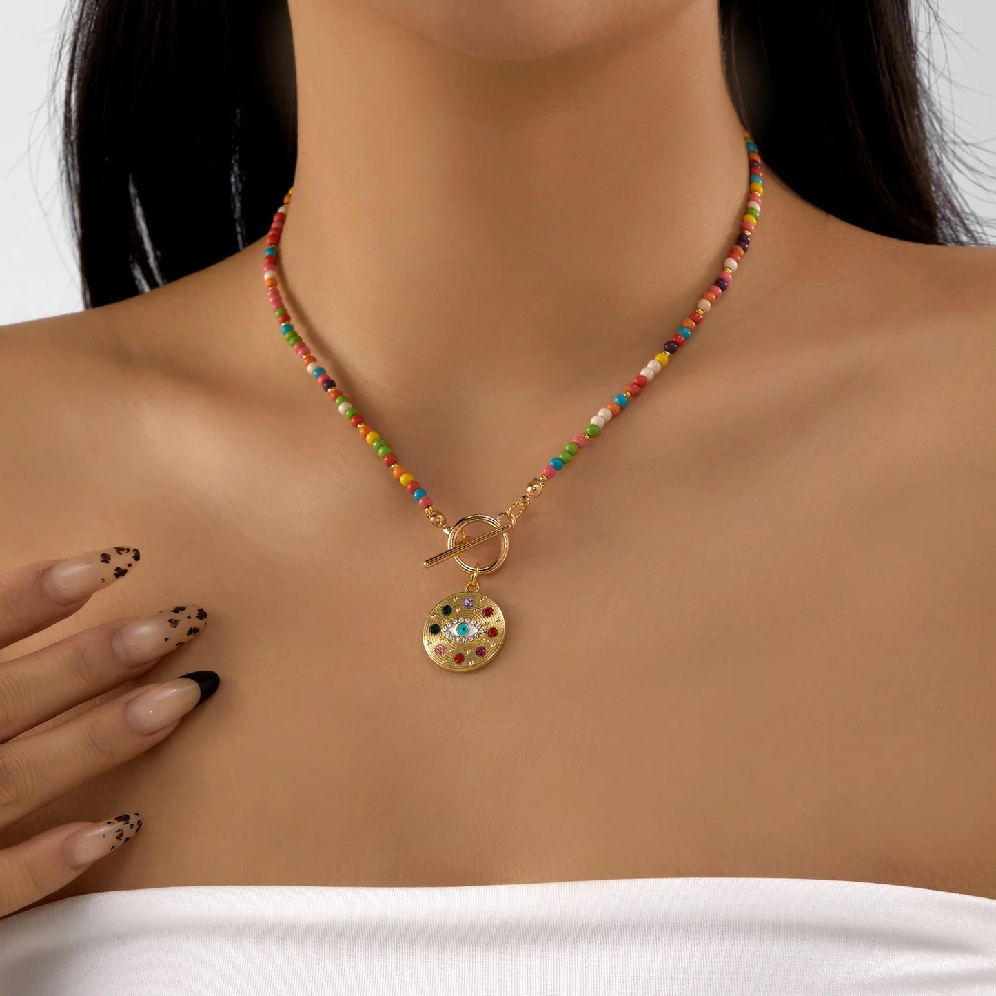 Bohemian Colorful Beads Choker Necklace for Women Round Lucky Evil Eye Heart Pendant Necklace Fashion Jewelry Y2k Accessories