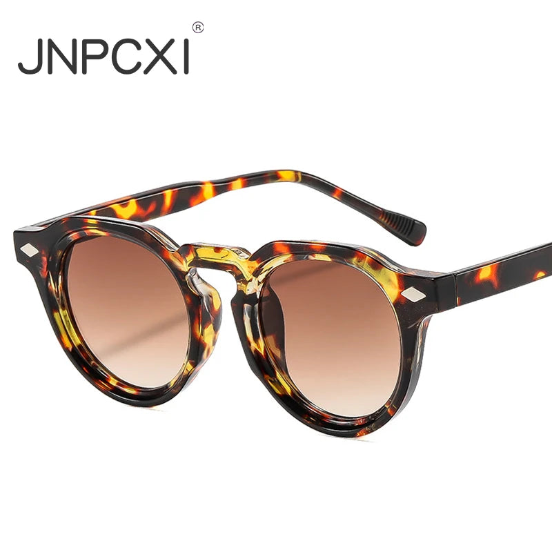 JNPCXI New Fashion Round Sunglasses Women Punk Leopard Gradient Shades Men Trending Rivets Sun Glasses UV400