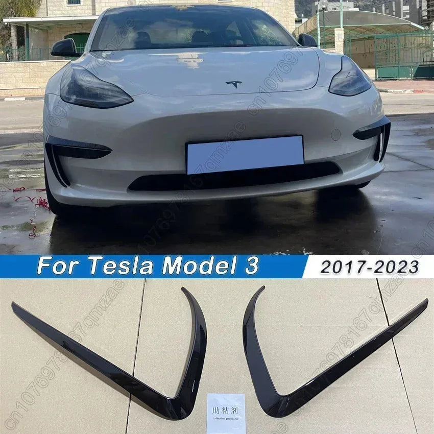 Front Bumper Cover Wind Knife For Tesla Model 3 2017-2023 ABS Glossy Black Fog Lamp Trim Carbon Look Blade Trim Light Eyebrow