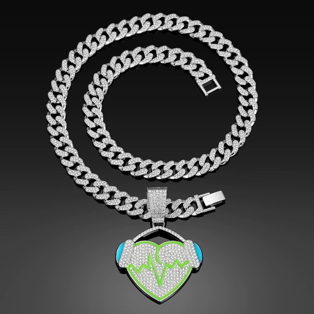 Hip Hop Full Rhinestones Cuban Chain Bling Iced Out Heart with Headphones Pendant Necklaces for Men Rapper Jewelry Drop Shipping