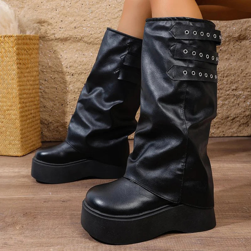 Punk Style Chunk Heel Boots for Women 2025 Fashion Black Rivet Detor Mid Calf Boots Woman Pu Leather Platform Botas Mujer