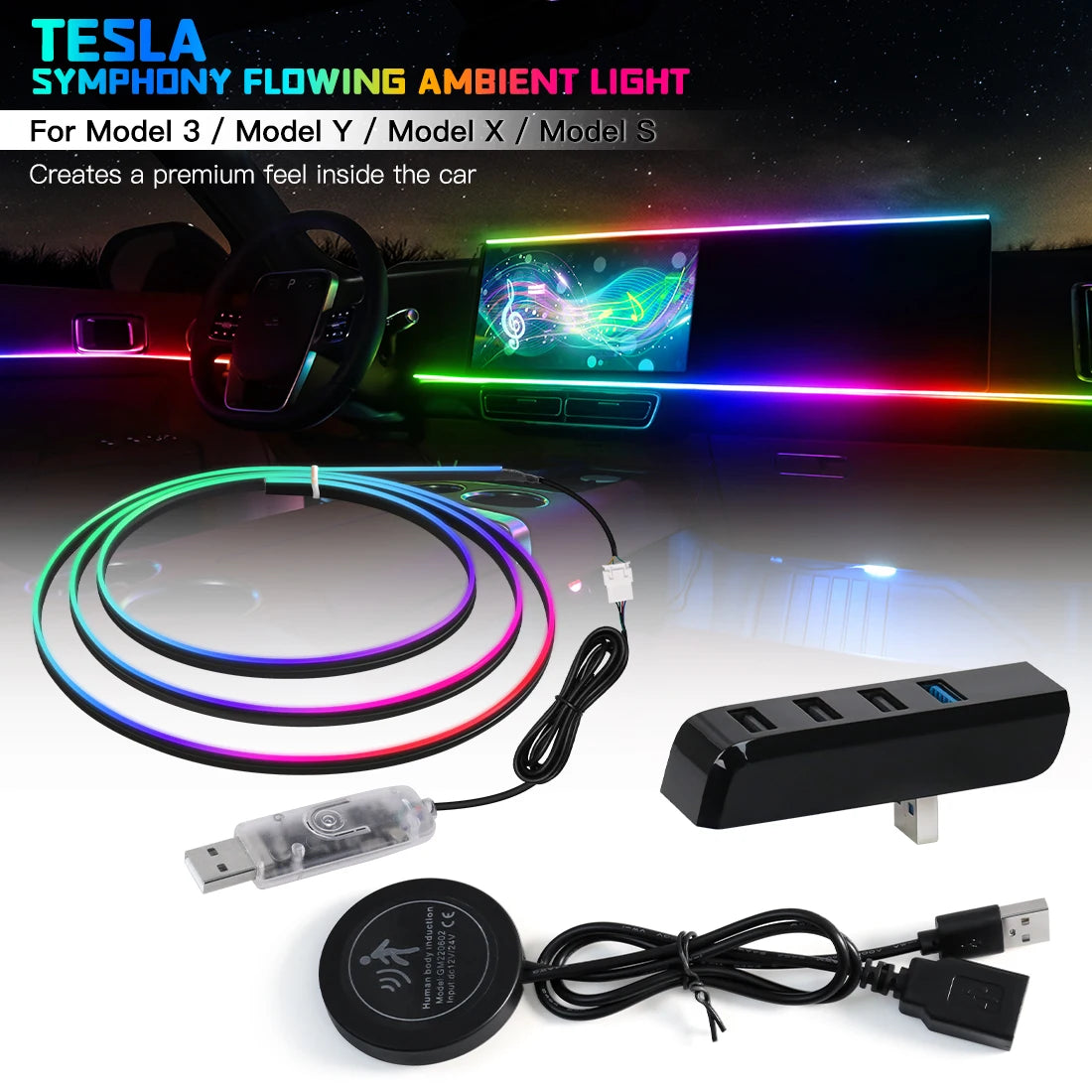 Vgetting Car Ambient Lights 30 Seconds Module Glove Box USB Expansion Dock Symphony APP Control Remote For Tesla Model 3 Y S X