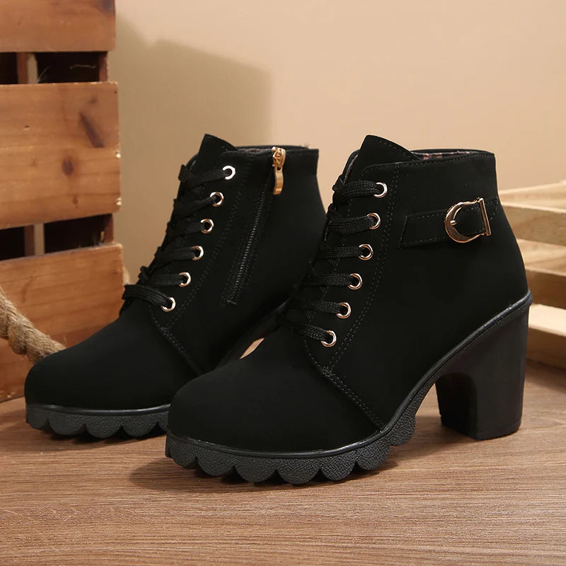 British Style High Heel Ankle Boots Women 2025 Fashion Non Slip Lace Up Short Booties Mujer Thick Heeled High Top Pumps Woman