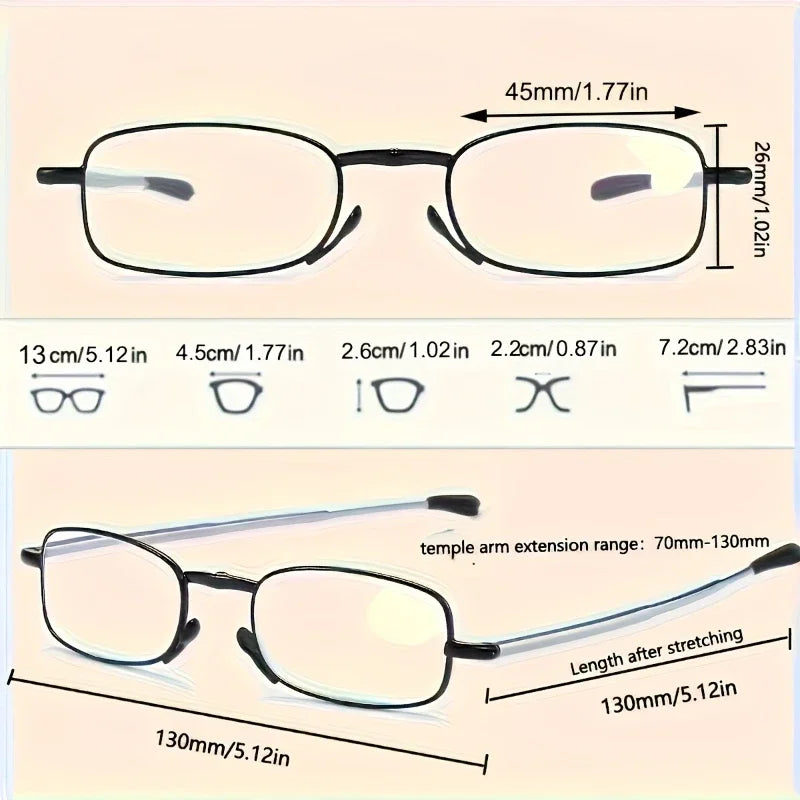 2PCS Portable Reading Glasses Square Design Foldable Portable Storage Bag for Both Men and Women +1.0 To+4.0 Times Larger