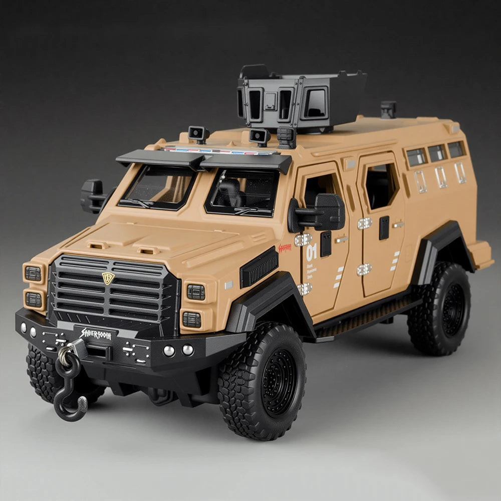 1:32 Alloy Sabertooth Armored Model Toys Diecast Metal Car Pull Back Police Car with Light Music Vehicle for Toddler Kids Gifts
