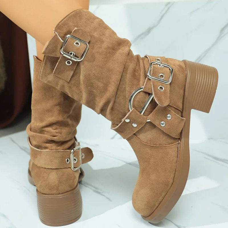 Khaki Faux Suede Boots for Women Autumn Winter Street Style Buckle Strap Decoration Ankle Boots Woman Rivet Platform Botas Lady