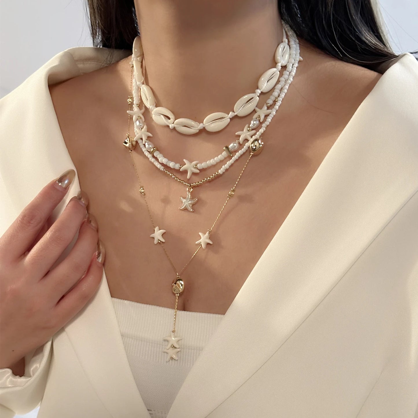 4Pcs/Set Vacation Shell Starfish Seed Bead Long Necklace Summer Beach Ocean Theme Boho Layered Jewelry For Women
