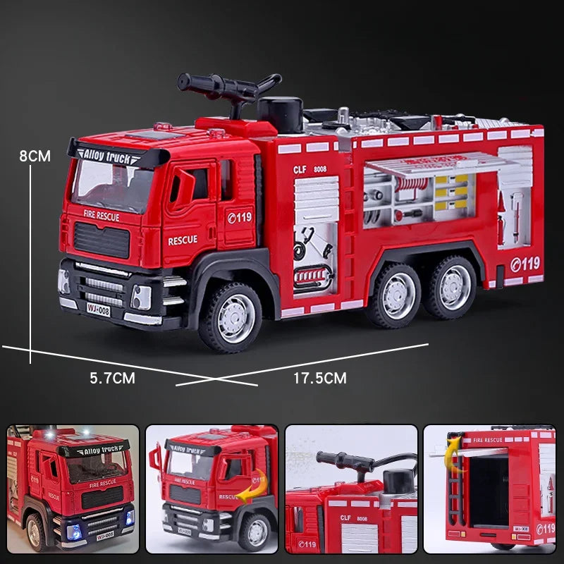 1/32 Ladder Water Fire Truck Model Car Toys Diecast Alloy Engineering Vehicle Doors Opened Sound Light Toy Birthday Gift for Kid