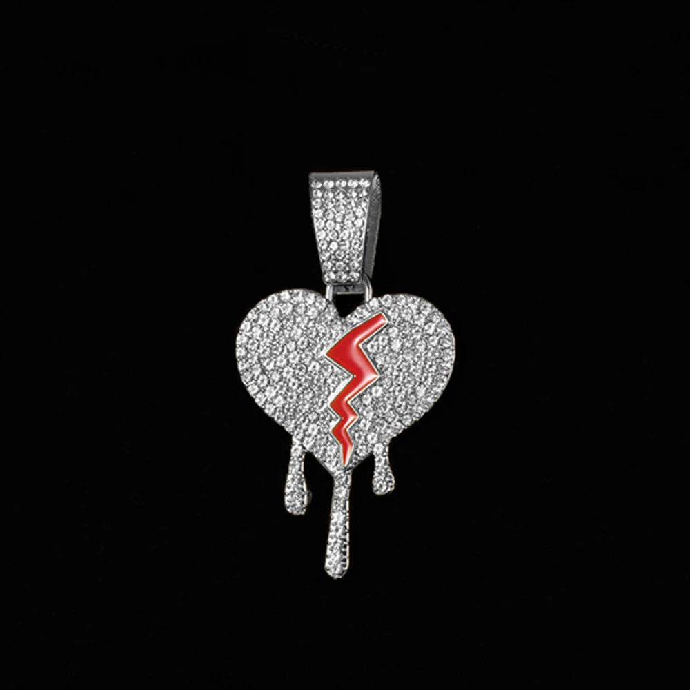 Hip Hop Iced Out Broken Heart Pendants Necklace with Miami Cuban Link Chain Heartbreak Necklaces Men Women Rapper Charm Jewelry