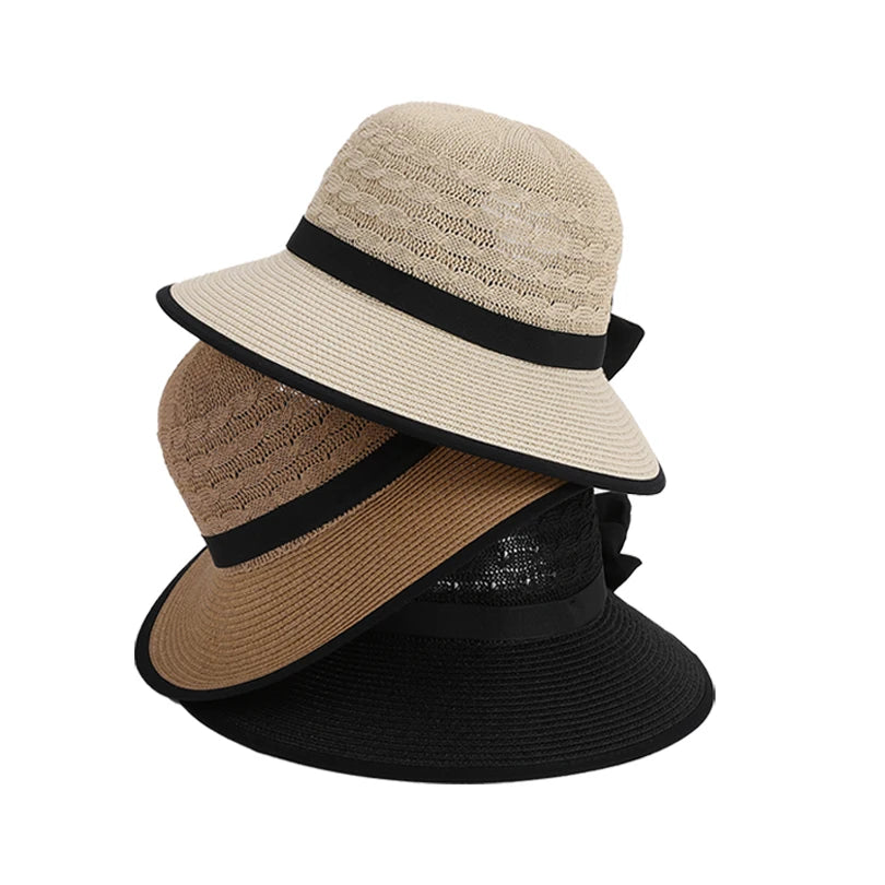 8484Summer hat girls' versatile bow-tied ponytail hole large eaves straw hat, outdoor outing sun hat