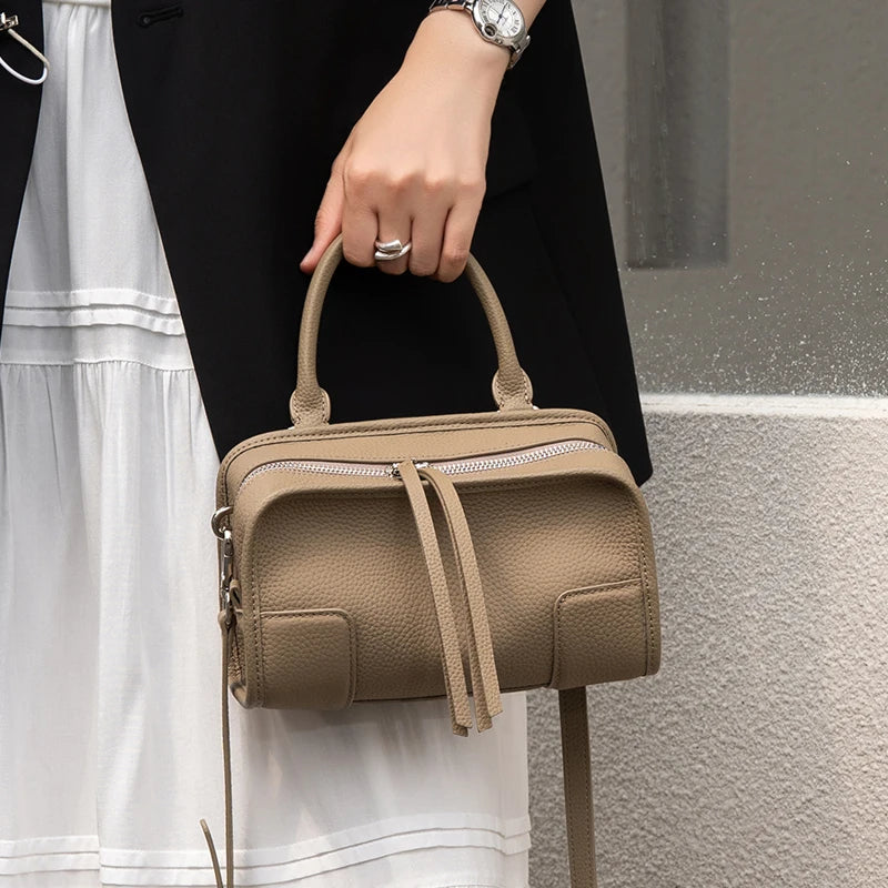 Genuine Cowhide Leather Mini Boston Bag for Women Top Handle Crossbody Bag with Zipper Closure Luxury Designer Messenger bags