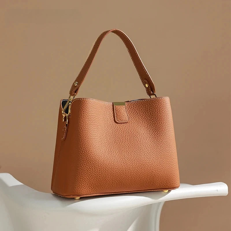 Genuine Cowhide Leather Bucket Bag for Women Luxury Designer Mini Top Handle Crossbody Shoulder Bag with Wide Strap Tote Bag