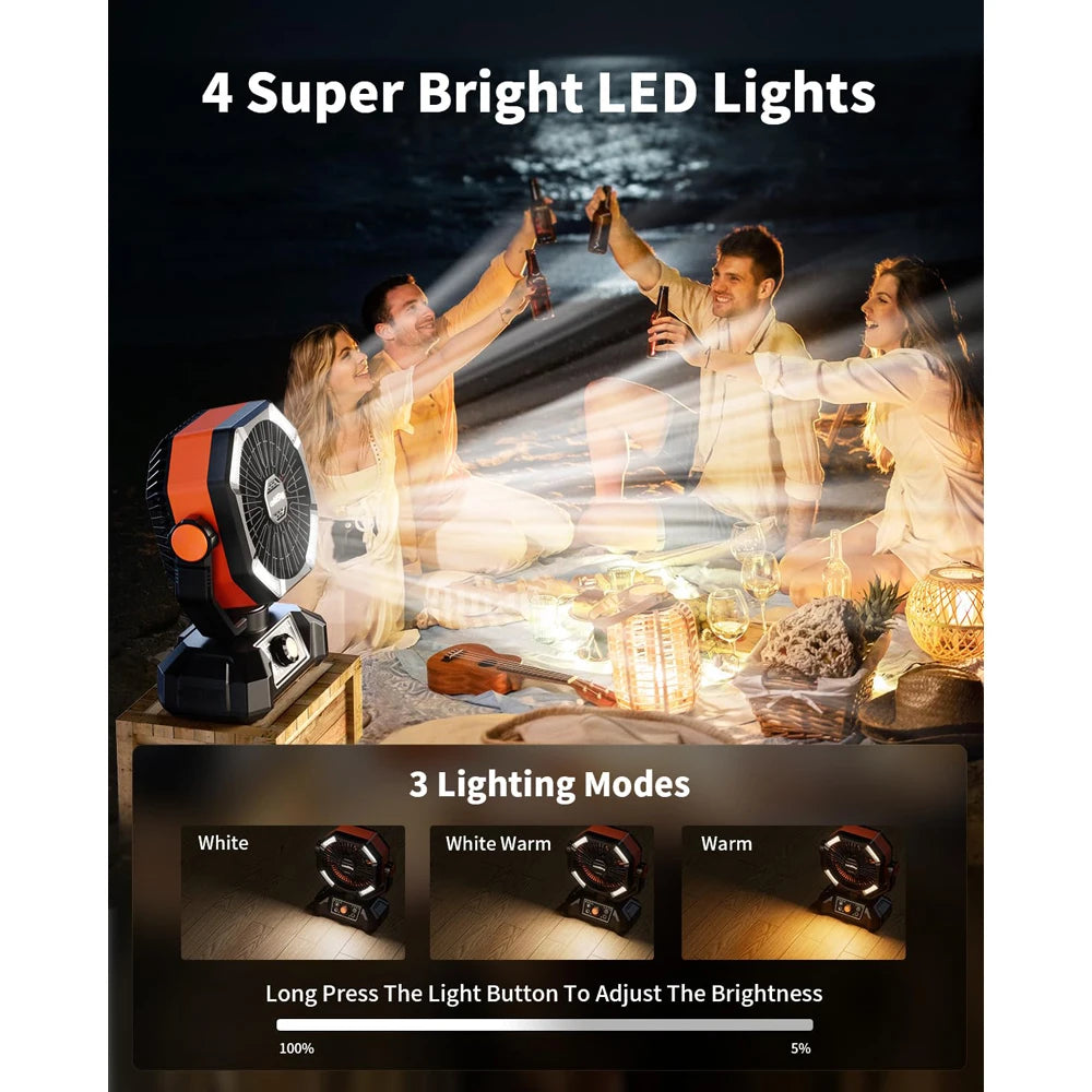 Orange 40000mAh Battery Camping Fan, 4 LED Lantern 8 Speed Desk Fan Portable Fan