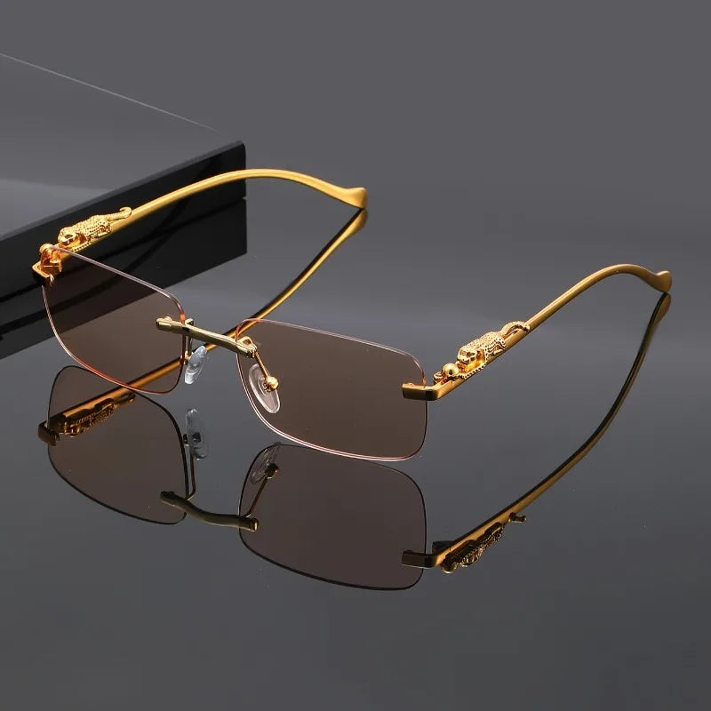 A Unique Pair of Glasses with Leopard Print Design and Frameless Square Lenses Suitable for Casual Gatherings