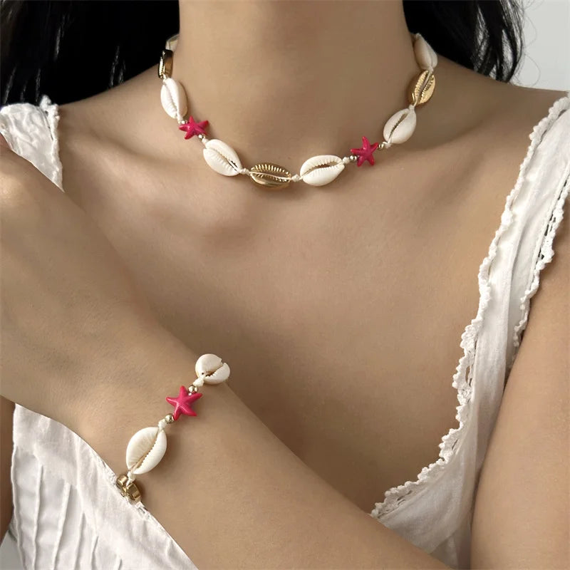 Bohemian Starfish Shell Charms Bracelet Necklace Set For Women Summer Beach Hand Woven Rope Necklace Vacation Party Jewelry Gift