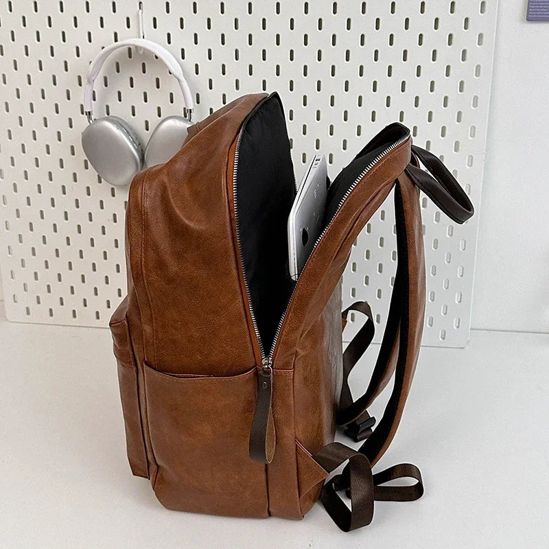 Old Style Laidback Backpack PU Leather Men Bag Laptop Travel Solid Work Bag