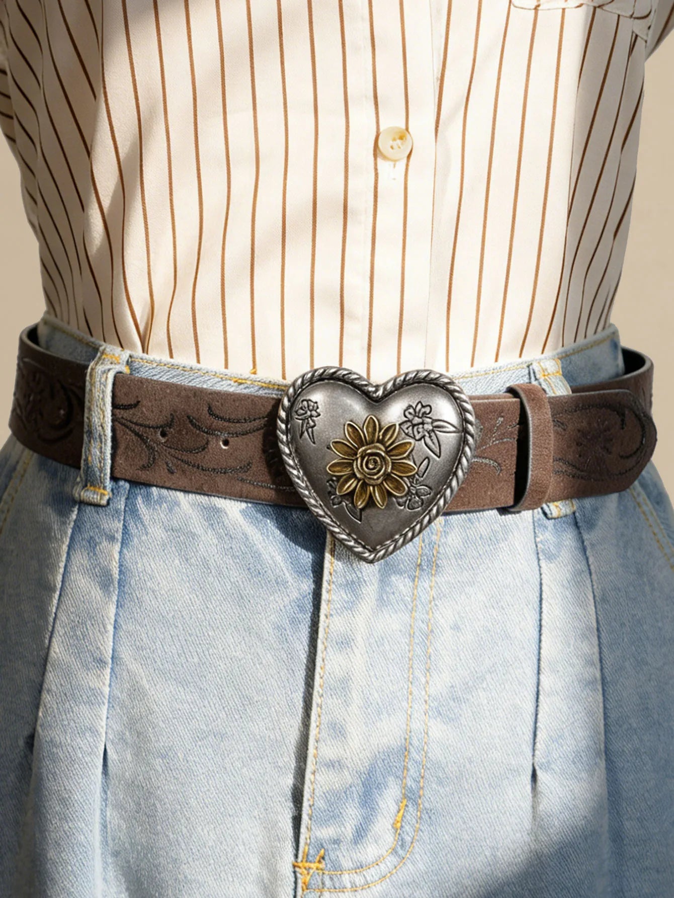 Heart Flower Metal Buckle Belt Brown Embossed Women's Retro Waistband Fashion Decorative Belt