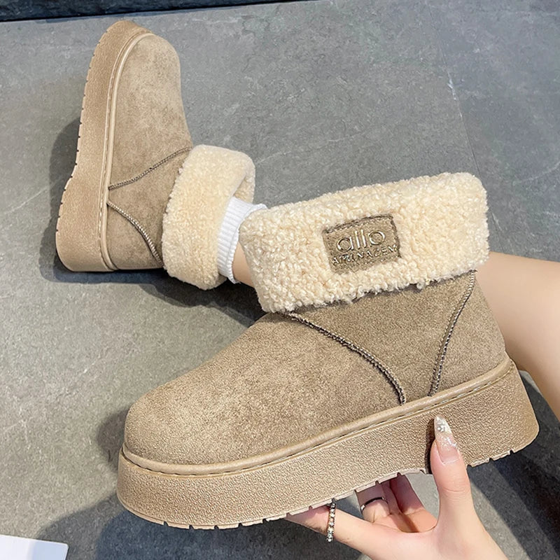 Patchwork Lambswool Platform Snow Boots Women Slip On Thicken Plush Warm Ankle Boots Woman Non Slip Thick Sole Winter Boots 41