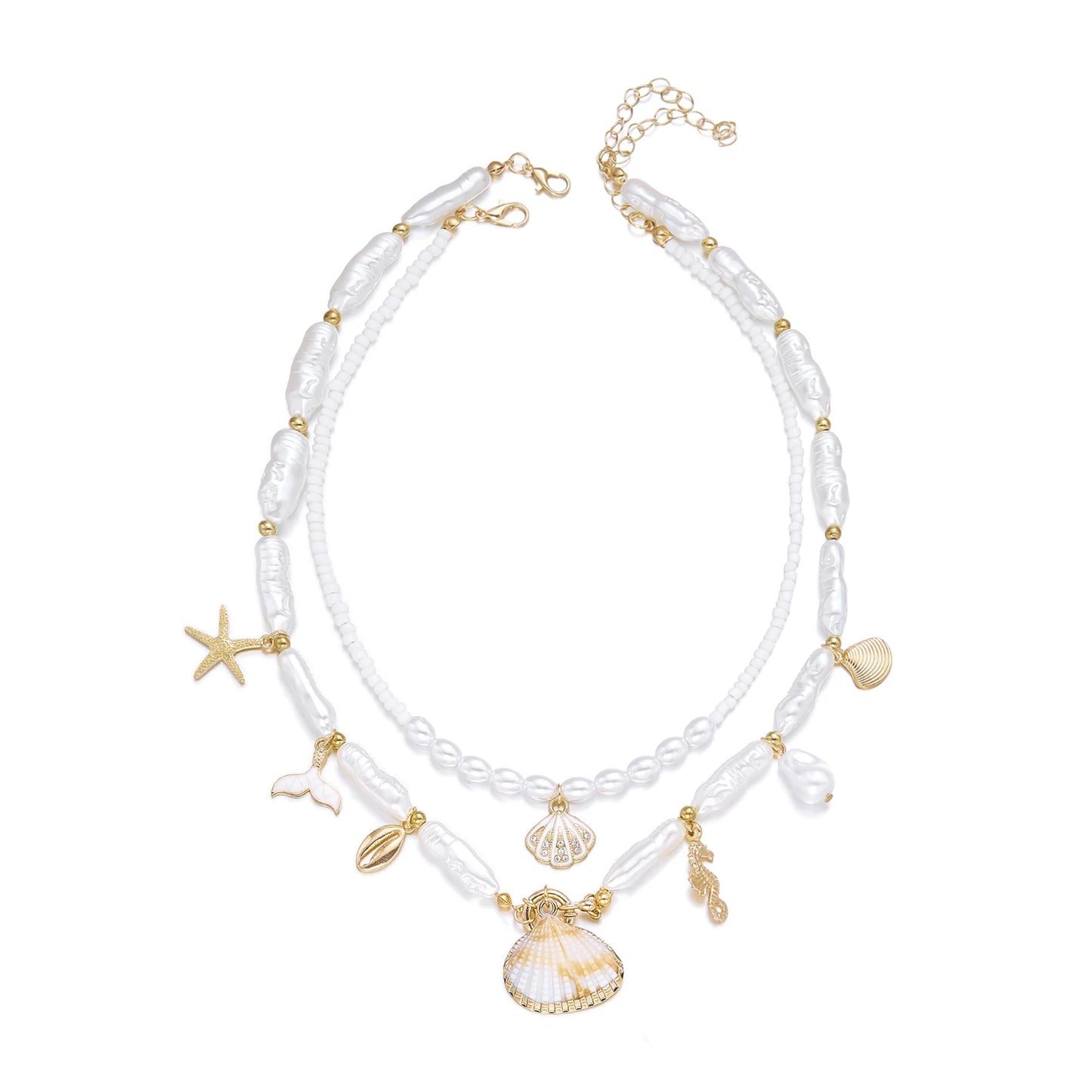 2Pcs/Set Vacation Shell Seahorse Mermaid Tail Starfish Faux Pearl Beaded Necklace Summer Beach Boho Jewelry