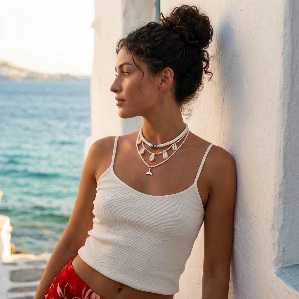 3Pcs/Set Pearl Shell Fishtail Evil Eye Necklace Set For Women Bohemian Ocean Pendant Choker