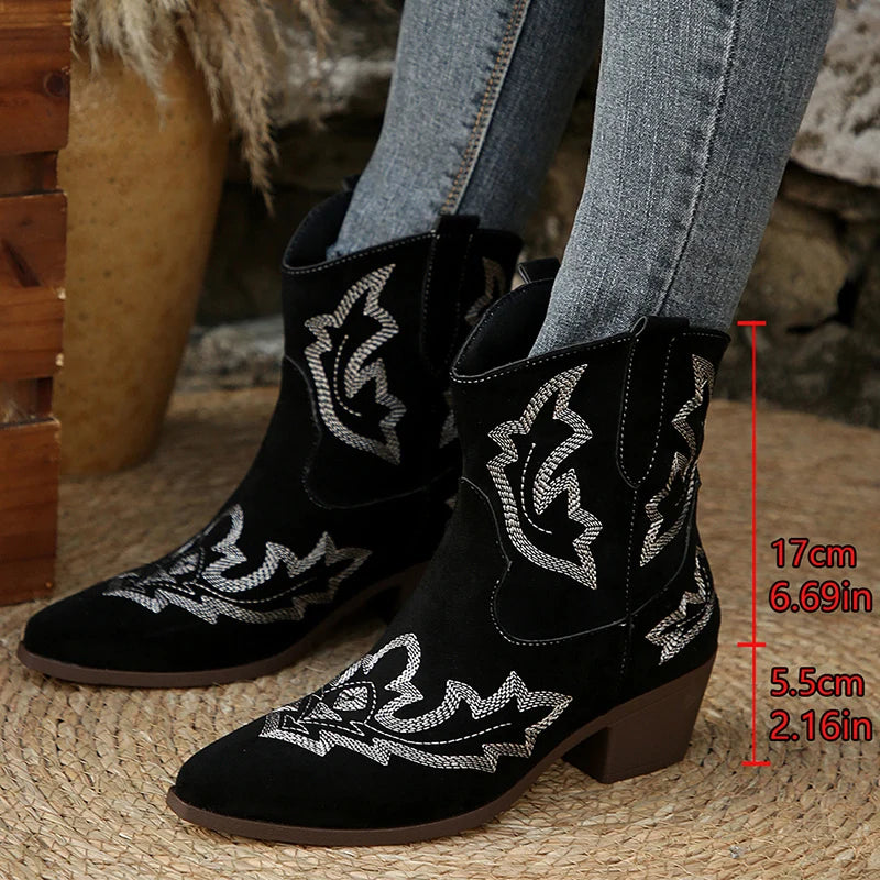 Vintage Embroidery Pattern Boots Women 2025 Square Heel Pointed Toe Ankle Boots Woman Comfortable Faux Suede Booties Mujer
