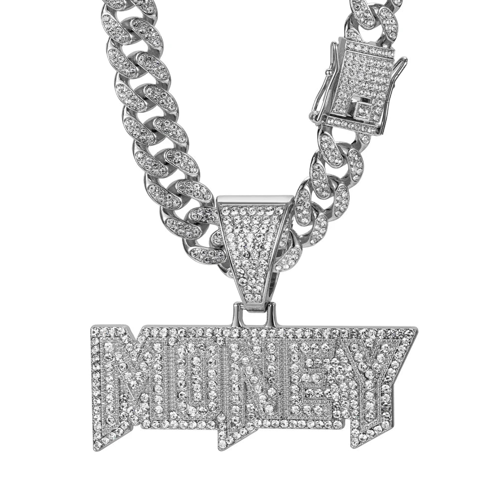 Men Women Hip Hop Money Letter  Pendant Necklaces 13MM Cuban chain Iced out Bling Alloy Rhinestone Hiphop Fashion Charm Jewelry