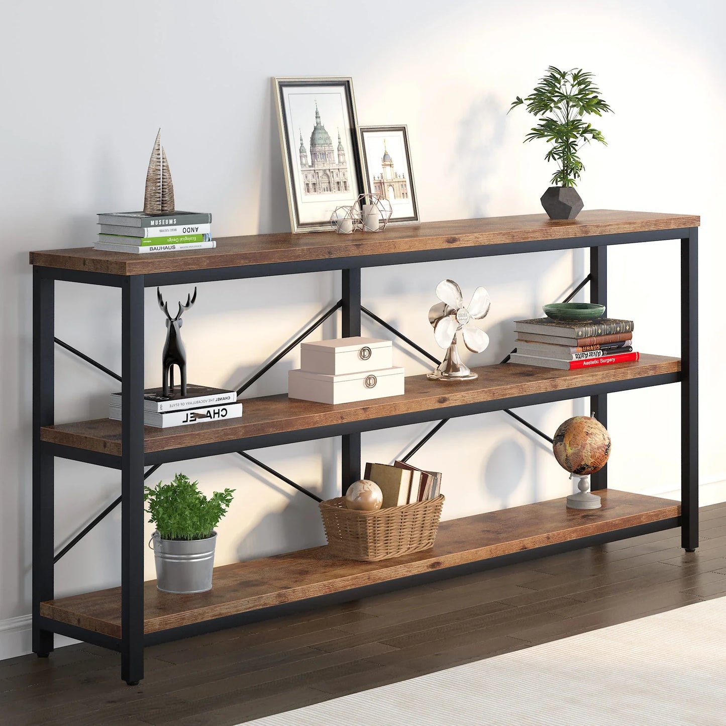 Tribesign 3Tier Console Table, 70.9" Sofa Table Long Narrow Entryway Metal Frame