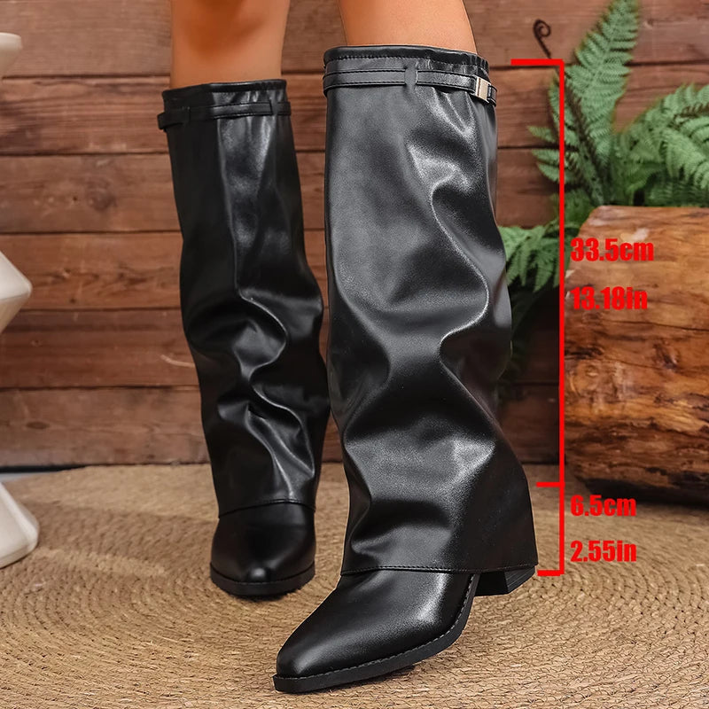 2025 Fashion High Heel Knee High Boots Women Punk Pointed Toe Bike Long Boots Woman Autumn Winter Pu Leather Botas Mujer 36-43