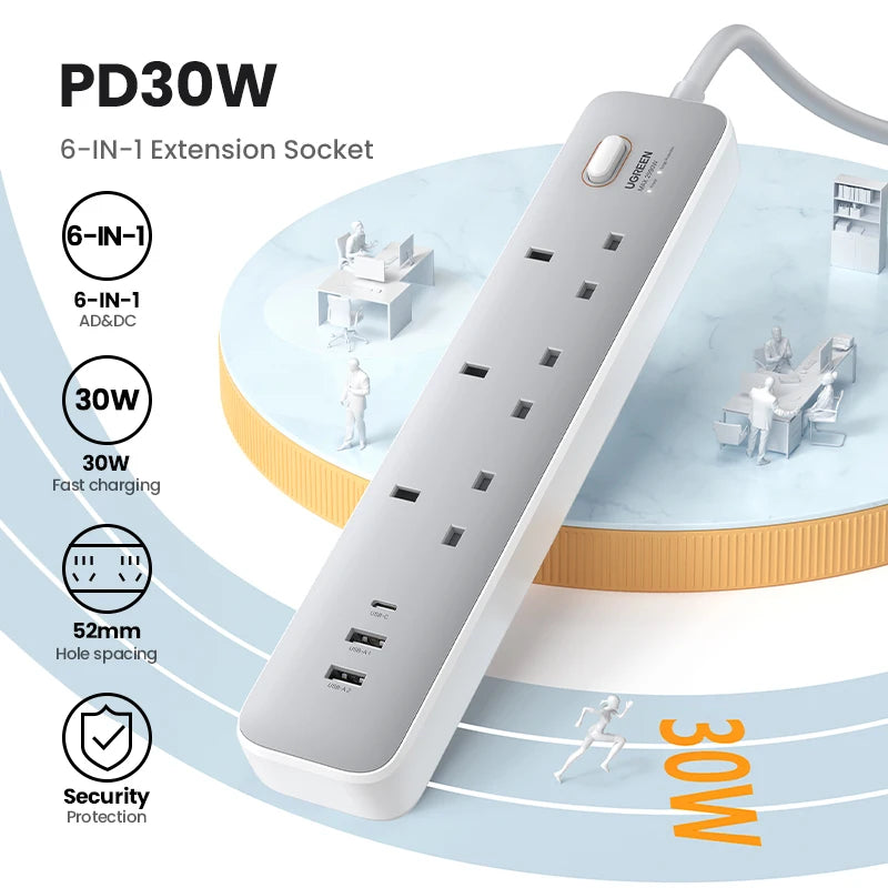 30W Desktop Charger Power Strip, Extension Adapter iPhone 15 14 Pro Max Xiaomi