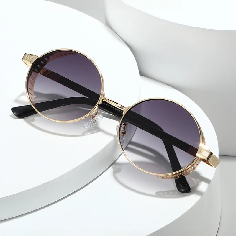 JNPCXI New Small Punk Metal Oval Sunglasses Women Fashion Gradient Shades UV400 Men Trending Punk Clear Lens Frame