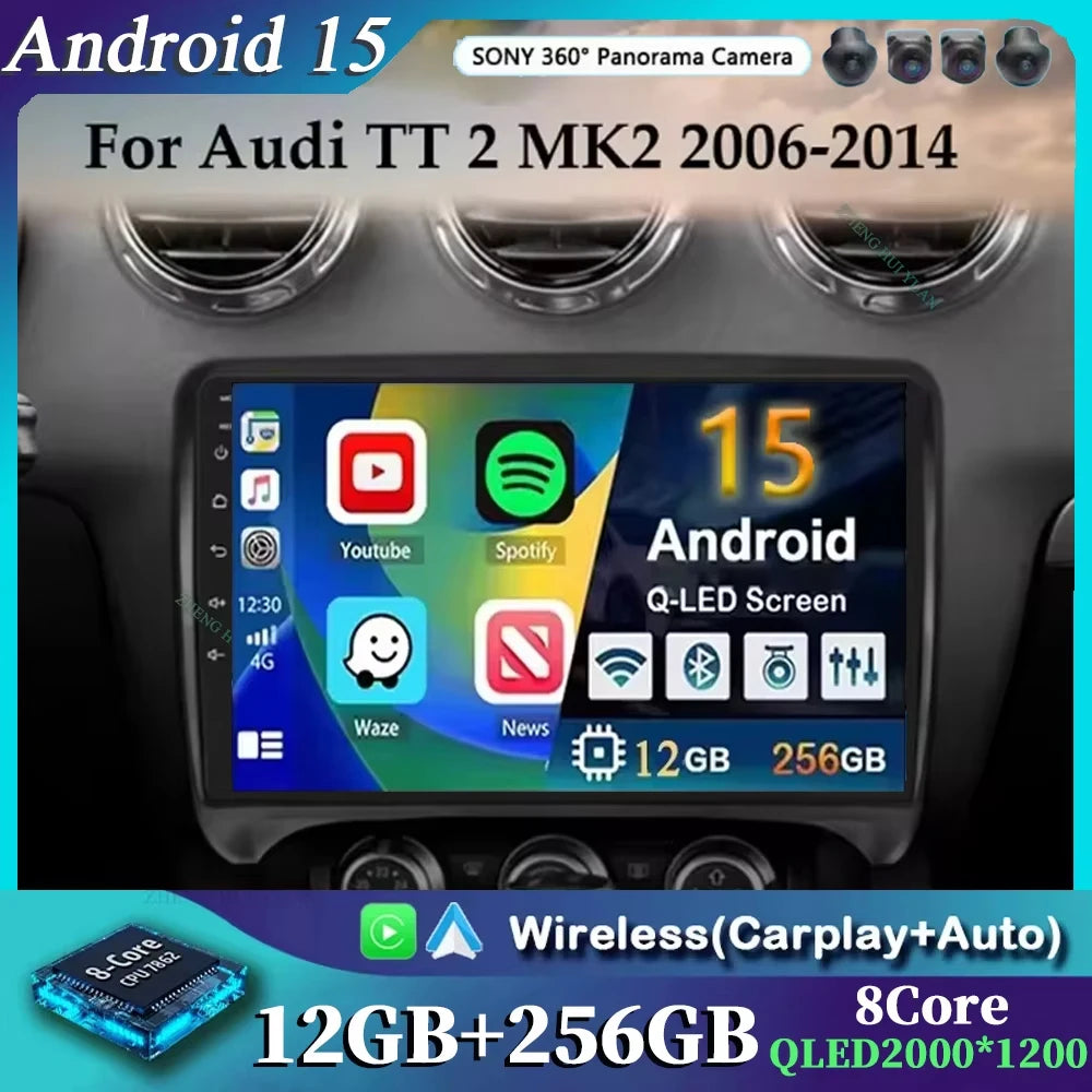 Android 15 WIFI+4G Carplay Car Radio GPS For Audi TT MK2 8J 2006 2007 2008 2009 2010 2011 2012 Car Stereo Multimedia Player DSP