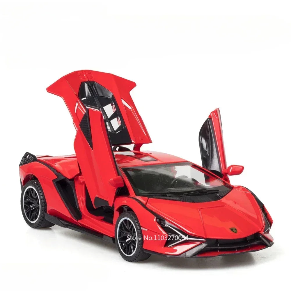 1/32 LP740 Sian Toys Model Car Diecast Alloy Sports Car Metal Body Rubber Tire Doors Opened Sound Light Pull Back Toy Kid Gifts