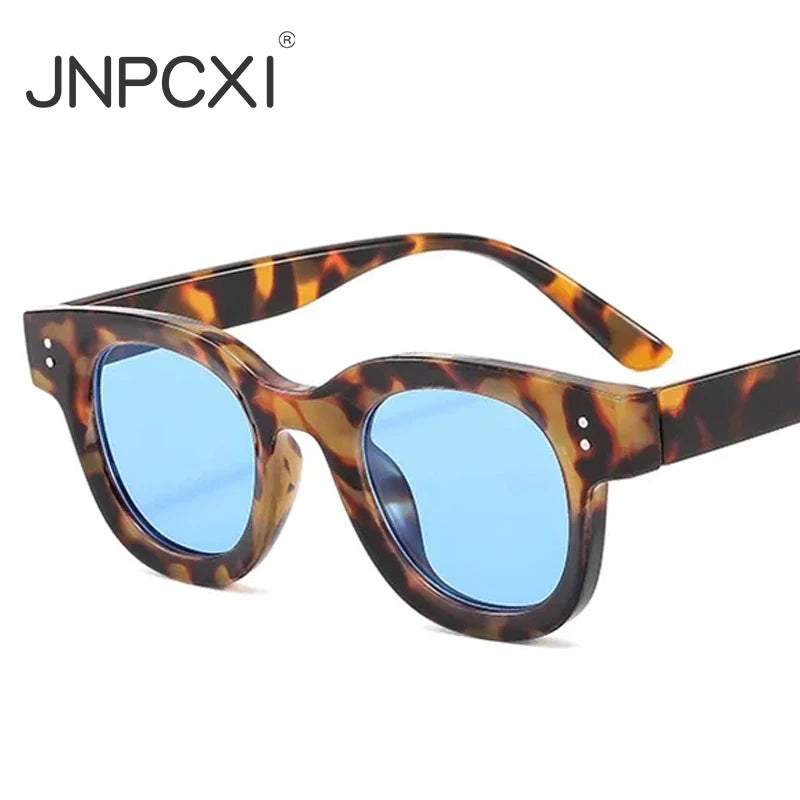JNPCXI New Retro Square Sunglasses Women Fashion Leopard Blue Shades UV400 Men Trending Punk Rivets Sun Glasses
