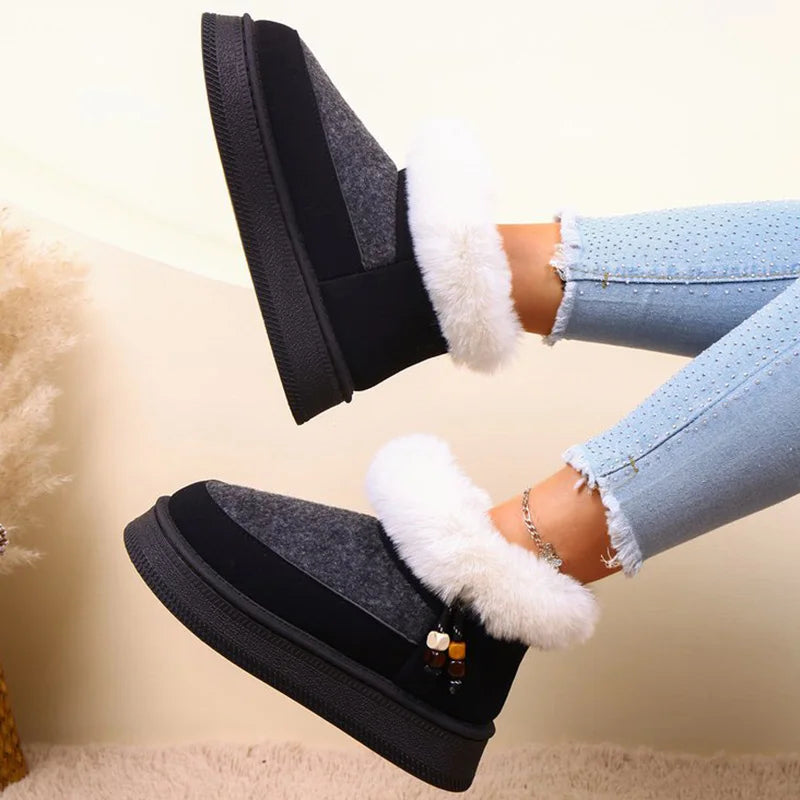 Black Faux Fur Snow Boots for Women Winter Short Plush Coldproof Warm Ankle Boots Woman Comfort Soft Sole Platform Botas Ladies