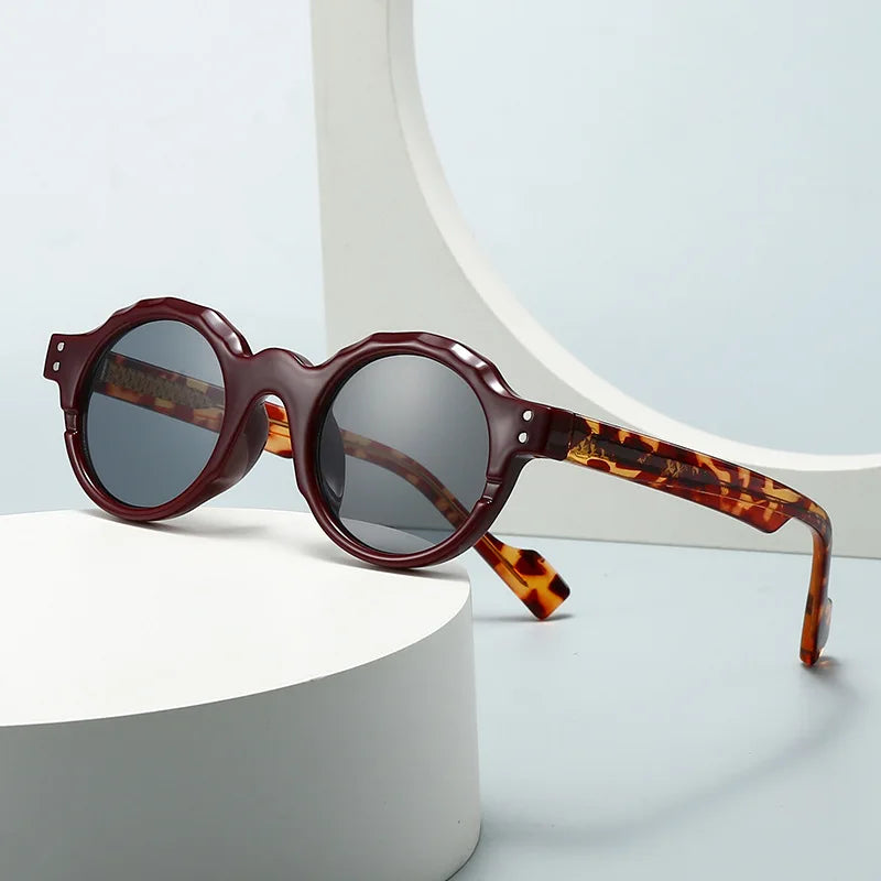 JNPCXI New Fashion Acetate Round Rivets Men Punk Sunglasses Wine Red Shades UV400 Retro Women Trending Sun Glasses