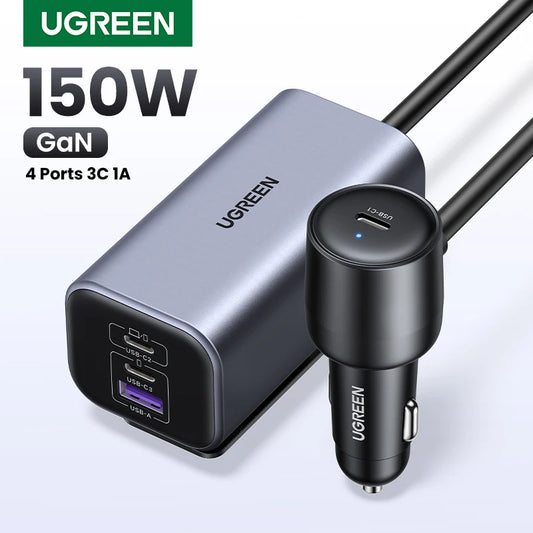 UGREEN Car Charger 150W Fast Charge Extender 4 USB Devices GaN Charger for iPhone 17 16 15 USB C Charger for iPad Notebook