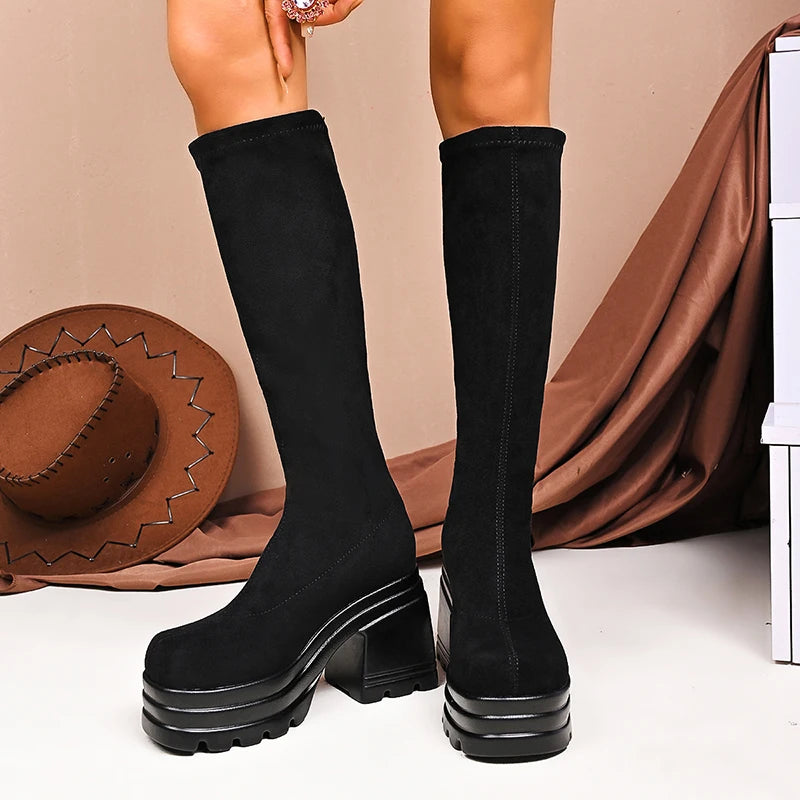 New Women's Chunky Platform Knee-High Boots Thick High Heels Punk Long Boots Woman Plus Size Slim Stretch Autumn Winter Boots