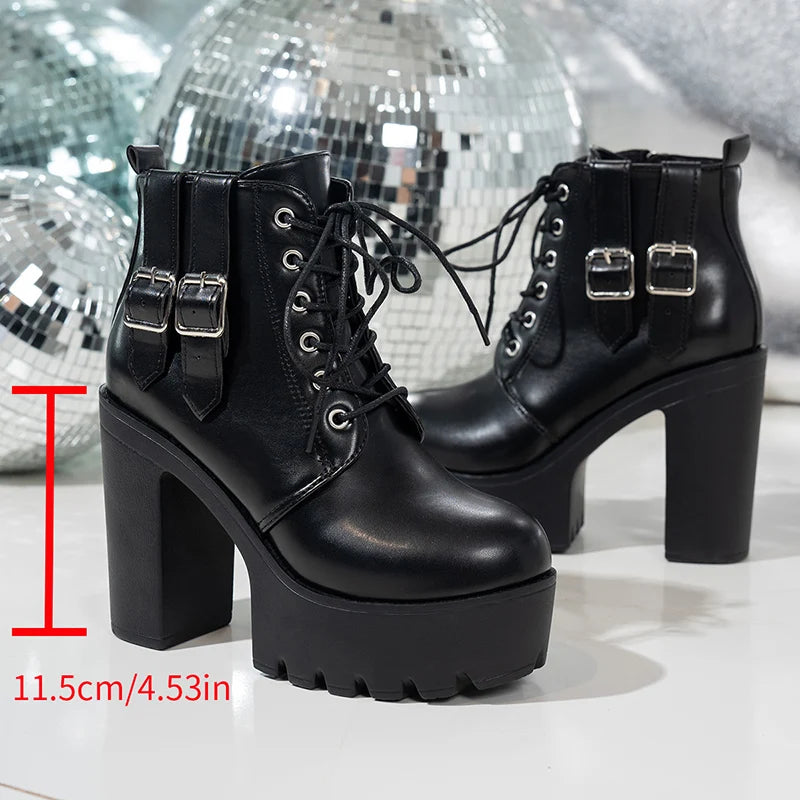 Buckle Decor Super High Heels Ankle Boots Women Lace Up Zip Thick Heeled Fashion Boots Woman Plus Size Pu Leather Short Booties