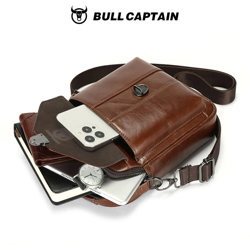 BULLCAPTAIN Men's Genuine Leather Bag Business Casual Shoulder Bag Anti-Theft Lock Fashion Portable Postman Crossbody Bag Brown