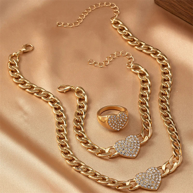 Luxury Inlaid Rhinestone Heart Chain Necklace Bracelet Ring Set for Women Punk Chunky Chain Neckalce Elegant Jewelry Accessories