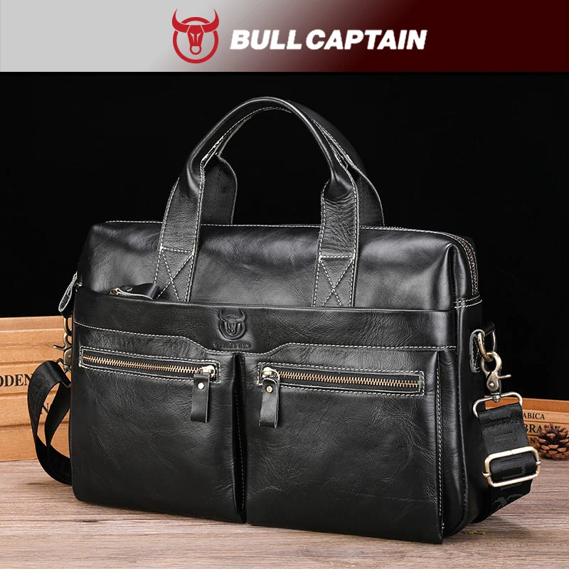BULLCAPTAIN Briefcase Shoulder Bag Men's Genuine Leather 14 Inch Laptop Handbag Office Business Men's Fashion Simple Briefcase