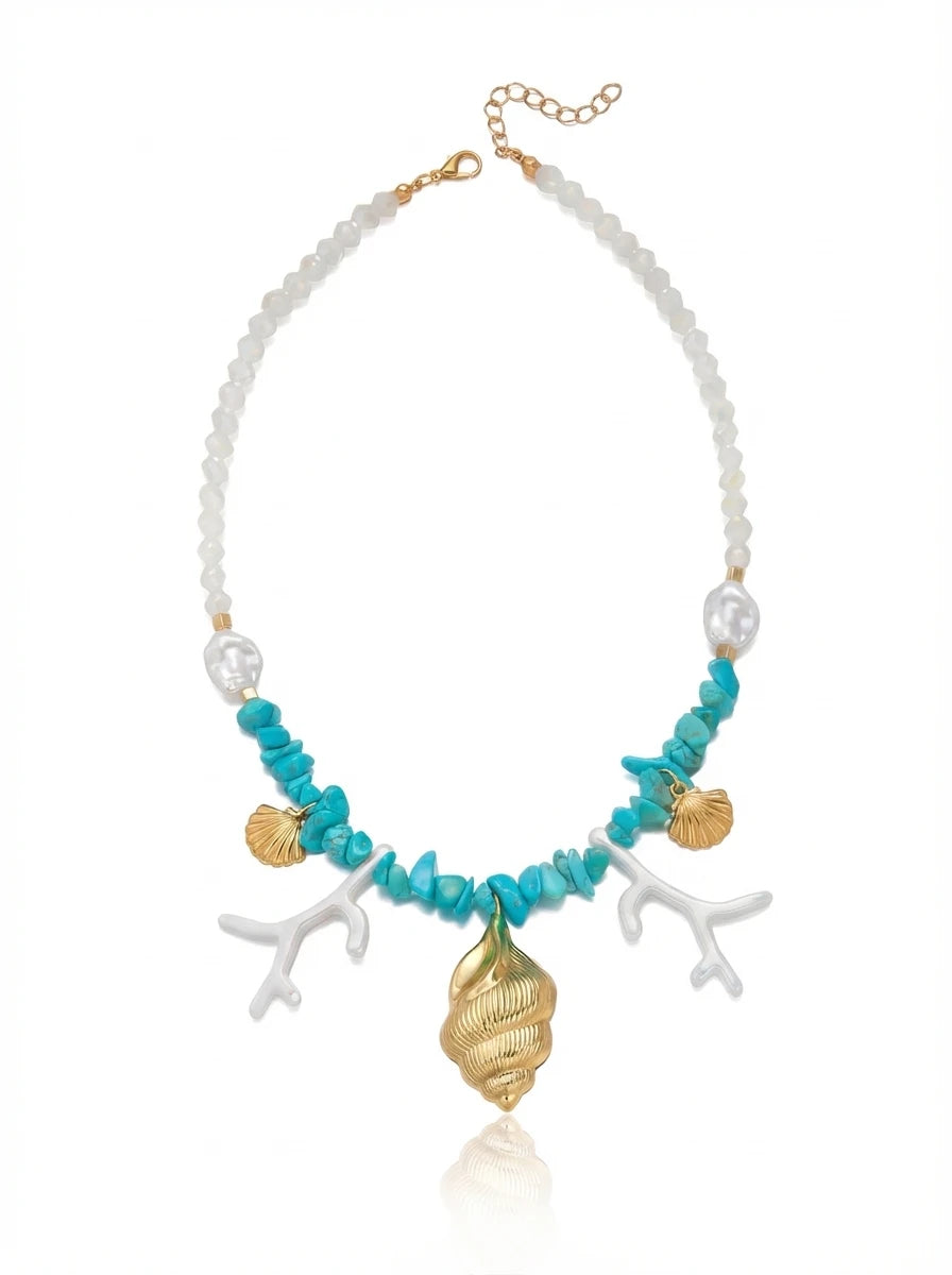 Summer Ocean Conch Shell Faux Coral Faux Pearl Beaded Necklace Beach Vacation Choker For Women